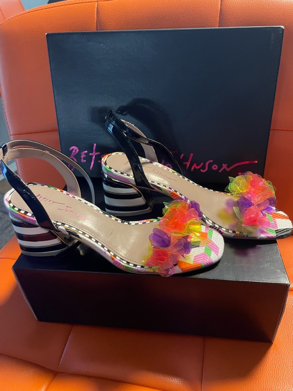 Betsey Johnson Rainbow Floral Slingback Heels with Black Patent Straps